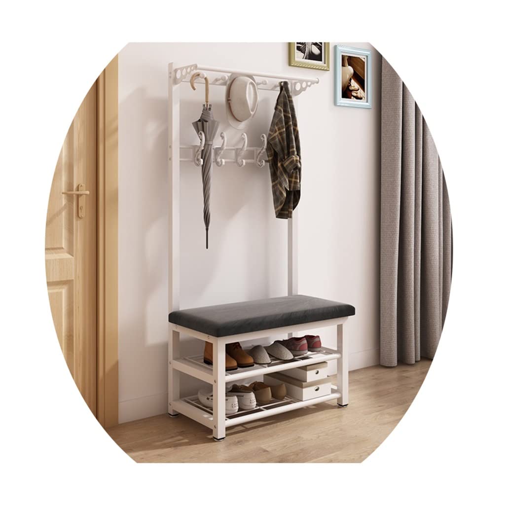 MSHGSKU Industrial Metal Coat Rack with Hooks Entryway Clothes Hanger & Shoe Bench White Grey 80x33x172cm - Stylish Storage for Coats Hats Bags & More