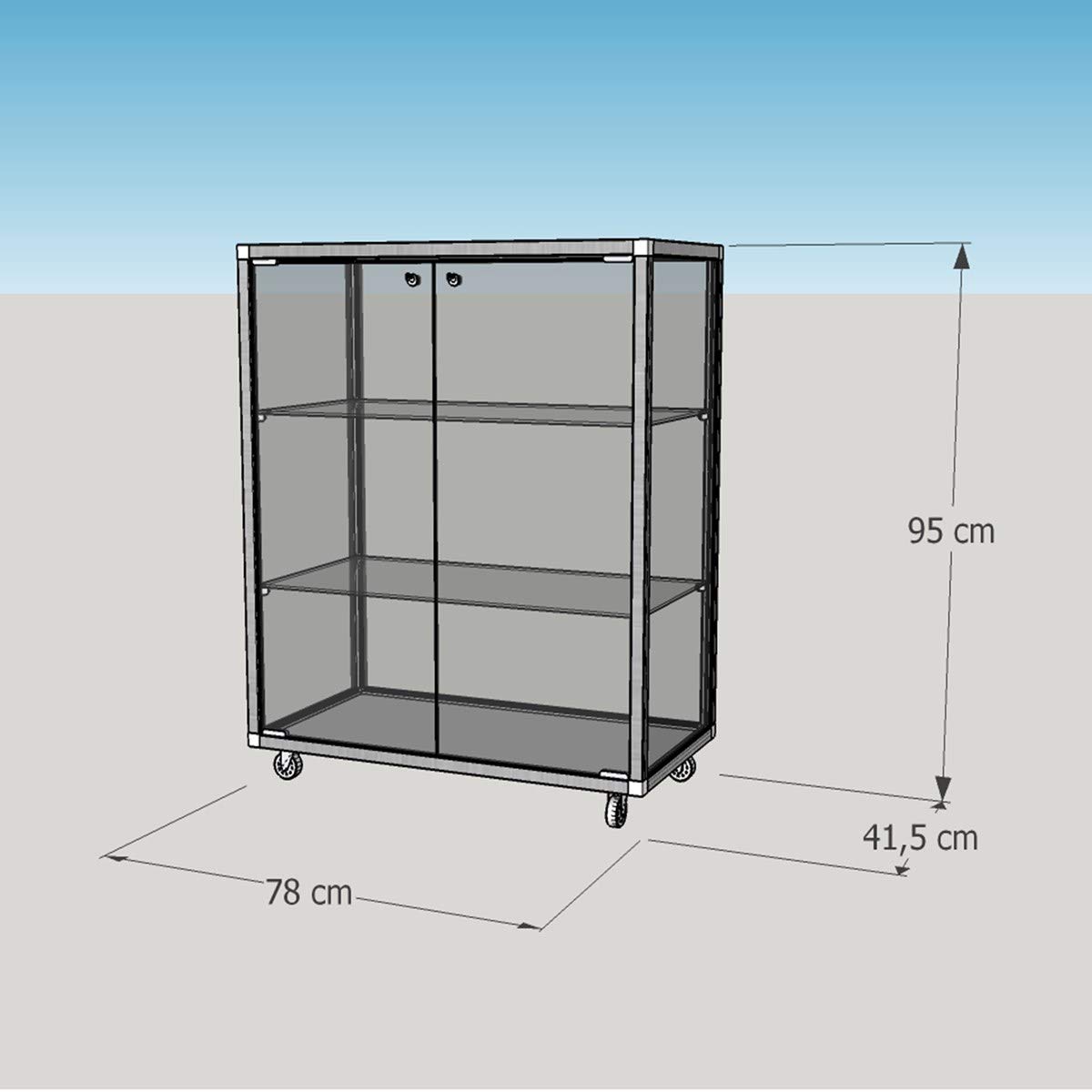 Halbhohe Glasvitrine mit Rollen T 41,5 x B 78 x H 95 cm - breite Thekenvitrine Glas abschließbar - Flache Alu-Glas Verkaufsvitrine - Spiegel-Rückwand - ohne Beleuchtung
