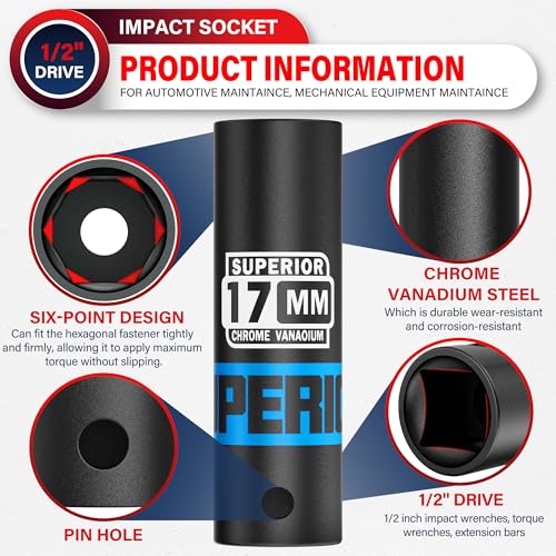 Image of 1 /2 inch Drive Impact Socket, 17 mm Deep Socket, Metric, 6 Point, CR-V, for Automotive Maintaince, Mechanical Equipment Maintaince