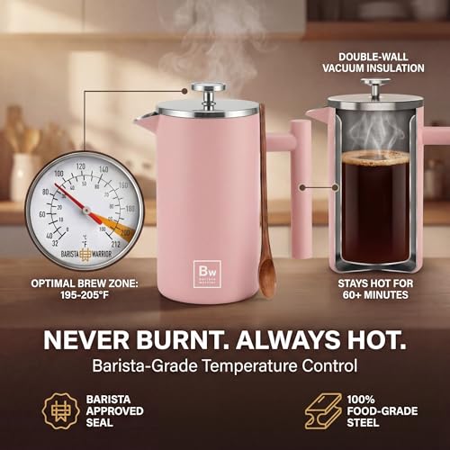 Image of Barista Warrior French Press Coffee Maker - Double-Wall Stainless Steel Insulated French Press with Built-In Thermometer, Dual Filters Coffee Maker with Wooden Spoon - Pink