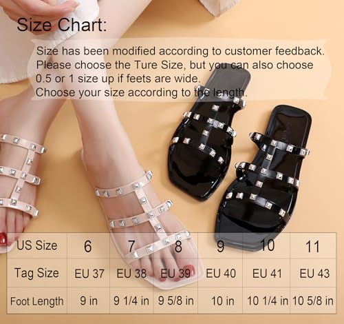 Image of Women Flats Sandals, Studded Jelly Shoes Size 9 Red Dressy Summer Beach Rivets Strappy Jellies Slide Slip On Open Toes
