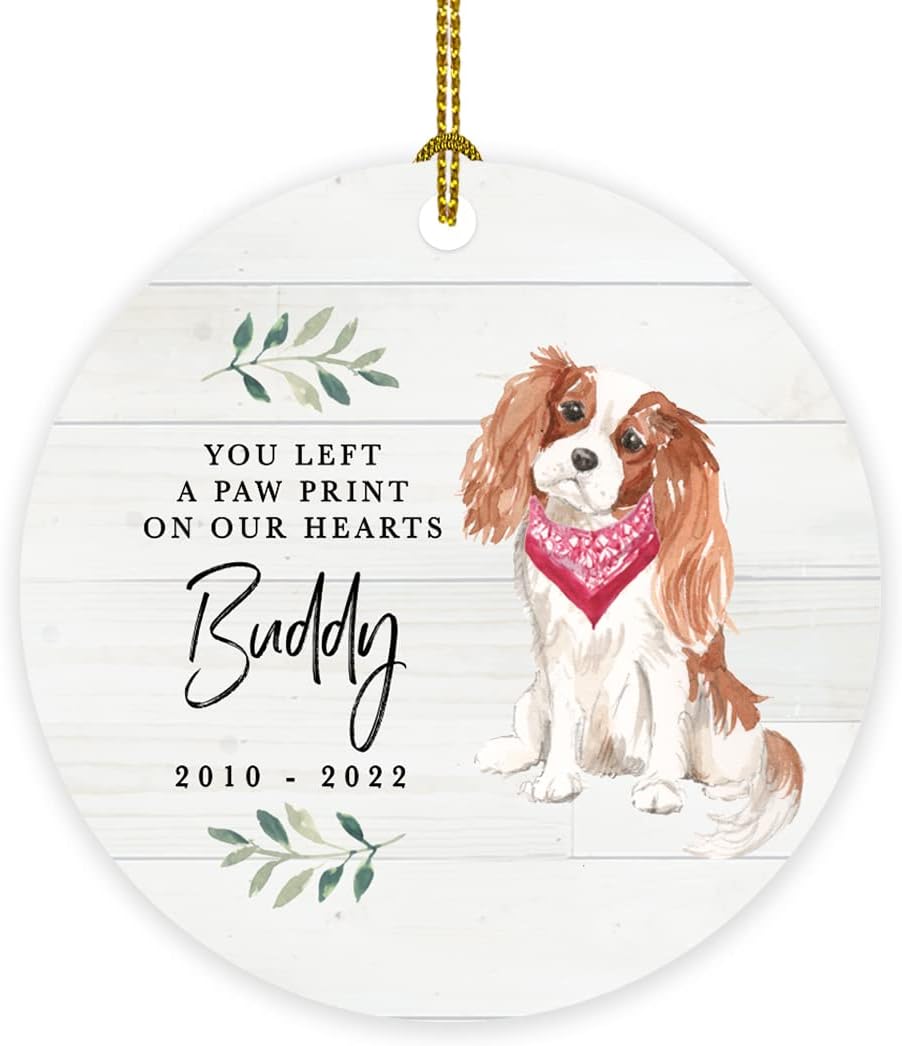 INKOLOGIE Personalised Round Christmas Dog Memorial Wood Ornament, You Left A Paw Print On Our Hearts, Cavalier King Charles Spaniel, Custom Name and Year, Pet Memorial Ideas, 1-Pack