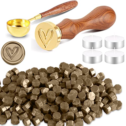 Foonii Set di Timbro Ceralacca, con 200 Perline di Cera per Sigillo, 1 Timbro sigillo per Ceralacca, 1 Cucchiaio, 4 Candele, per Buste/inviti/Biglietti/Regalo - (Cuore, Rame)
