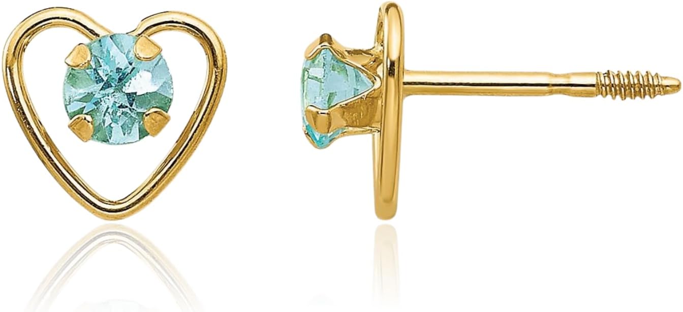 IceCarats 14K Solid Yellow Gold 0.10 carat Blue Aquamarine Medium Heart Stud Earrings 6mm 1/4 inch Round Cut, Natural, Prong Set, Screw Back For Her