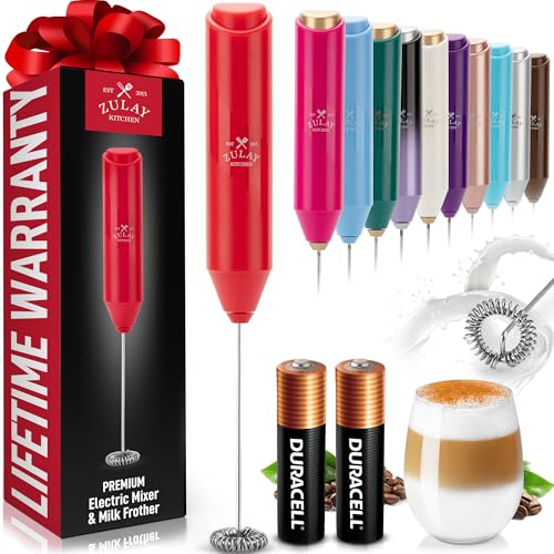 Image of Zulay Kitchen Powerful Milk Frother AA Batteries Included - Ultra Fast Handheld Drink Mixer with Stainless Steel Whisk Stirrer for Coffee, Protein, Matcha & More, Frother Wand Electric Frothmate Red