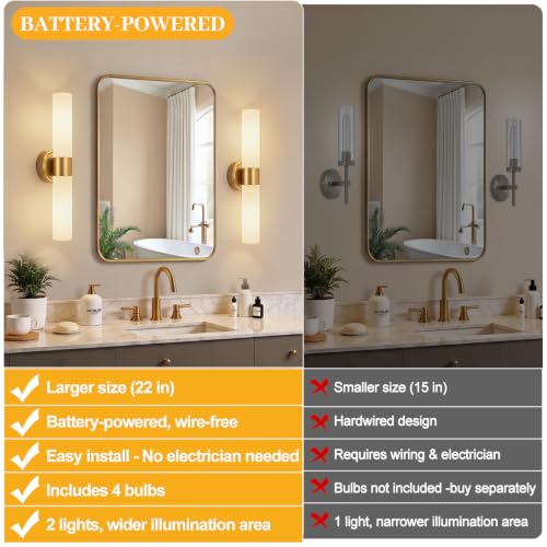 Image of Battery Operated Wall Sconce Set of Two, Modern Brushed Gold Wall Lighting with Milky White Glass, Wireless Wall Sconces with Remote Control