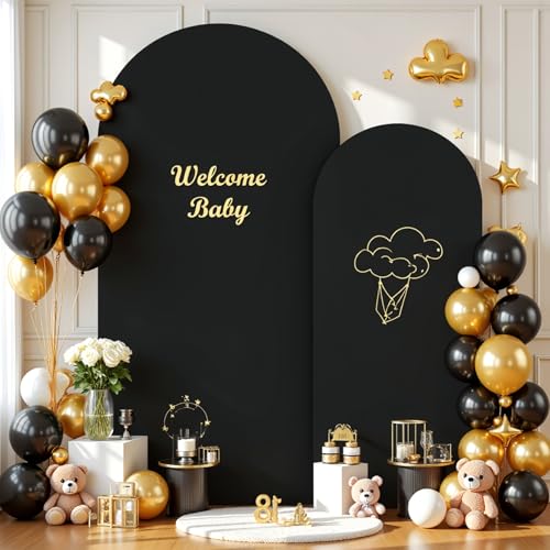 Image of Black Photo Arch Backdrop Cover Set of 2 Spandex 7.2 and 6ft Black Arch Covers Stretchy Backdrop Party Arch Stand Covers for Birthday Baby Shower Wedding Bridal Shower Banquet Background Decorations