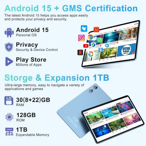 Image of Android 15 Tablet 30GB RAM 128GB ROM 1TB TF, Tablet 10 Inch with Gemini AI, 2026 Octa-Core Electronics Tablets with Keyboard, 8000mAh, HD IPS Display, 5G WiFi, Widevine L1, Split-Screen - Metal Blue