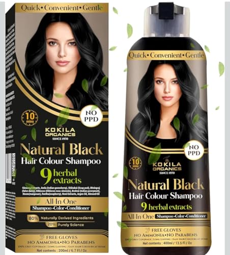 Kokila Organics Natural Black Hair Colour Shampoo, 9 Herbal Extracts, No PPD, No Ammonia, No Parabens, 400ml, All in One image 2