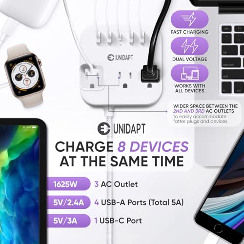 European Plug Adapter, Unidapt US to UK Europe Power Strip for EU/UK/US with USB C and 4 USB Ports, 3 AC Outlets, Wall Mountable, 5ft Extension Cord, for Travel Cruise Ship Home