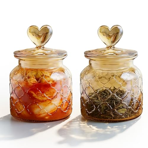 BORDEAG 2 Bocaux en Verre avec Couvercle, Bonbonnières en Verre 650 ml, Couleur Ambre, Pots en Verre Décoratifs pour Bonbons, Friandises et Biscuits, Rangement Cuisine, 11×15 cm