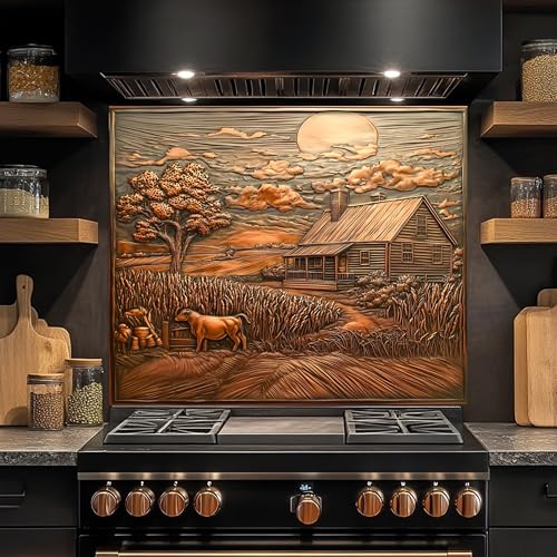 Tempered Glass Backsplash for Kitchen, Farmhouse with Cow and Tree