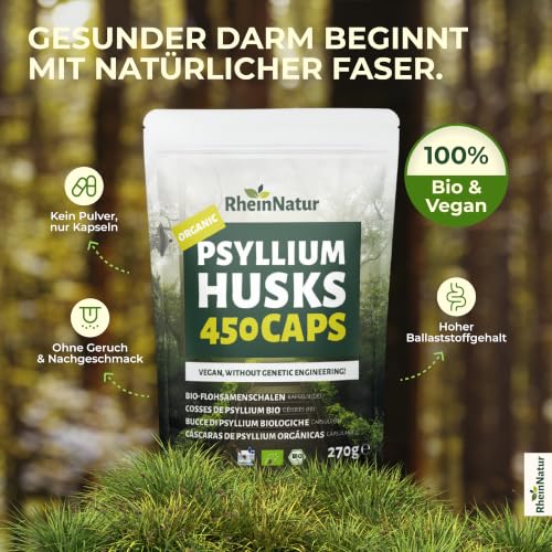 RheinNatur Bio Flohsamenschalen Kapseln - 450 Stk hochdosiert (3.000 mg je Portion) - Hergestellt in DE - Psyllium Husk Ballaststoffe… – Ansicht 2