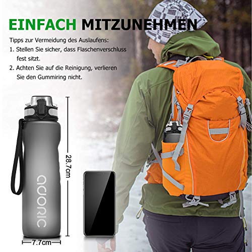 Adoric Tritan Trinkflasche 1L - BPA-frei, wiederverwendbare Wasserflasche für Uni, Sport, Arbeit, Fitness, Fahrrad, Outdoor, Job, Grau