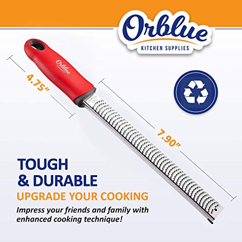 Orblue Lemon Zester & Cheese Grater - Premium Citrus Zester, Kitchen Grater For Parmesan, Chocolate, Fruits, Vegetables, Ginger, Garlic, Nutmeg - Stainless Steel Blades With Protective Cover, Red #TOP5