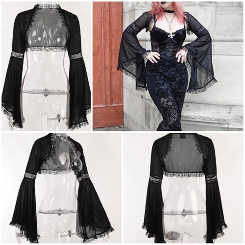 Image of Women Gothic Crop Top Shirt Y2K Black Bell Sleeve Shawl Cardigan
