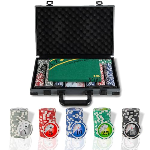 DREAMADE - DREAMADE Jeu de Poker, Jetons Casino avec 2 Jeux de Cartes, Jeton de Croupier, Tapis de Table Feutré, Etui en Aluminium et 2 Clés, pour Le Jeu de Blackjack, Texas Hold’em (400 Jetons)