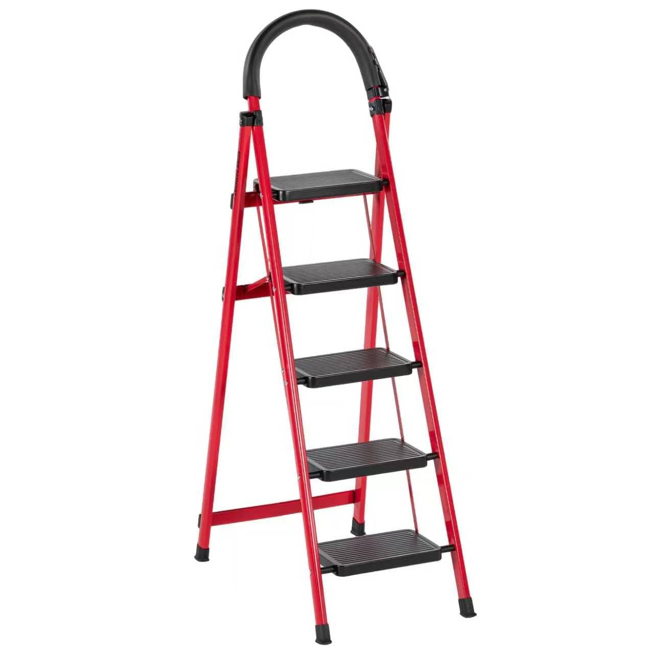 Scaletta pieghevole con corrimano, 5 gradini, antiscivolo, facile da riporre, ampi gradini, adatta per cucina, casa e soggiorno, portata fino a 150 kg (rosso, 5 livelli)