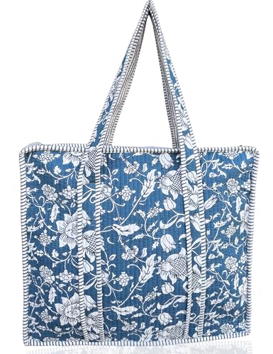 Third Eye Export 100% Cotton Quilted Tote Bag 18x16– Large Zipper Beach Bag & Travel Bag Green Purse Reusable Grocery Bags, Summerday Blue Floral Print, 18X16 Inches