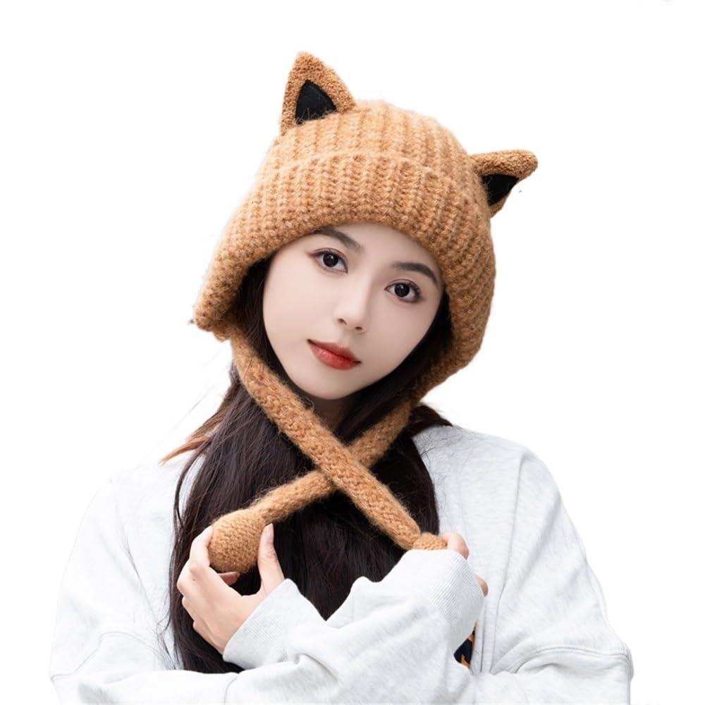 Bonnet tricoté chaud Y2K caramel avec protection des oreilles de chat pour femme et fille