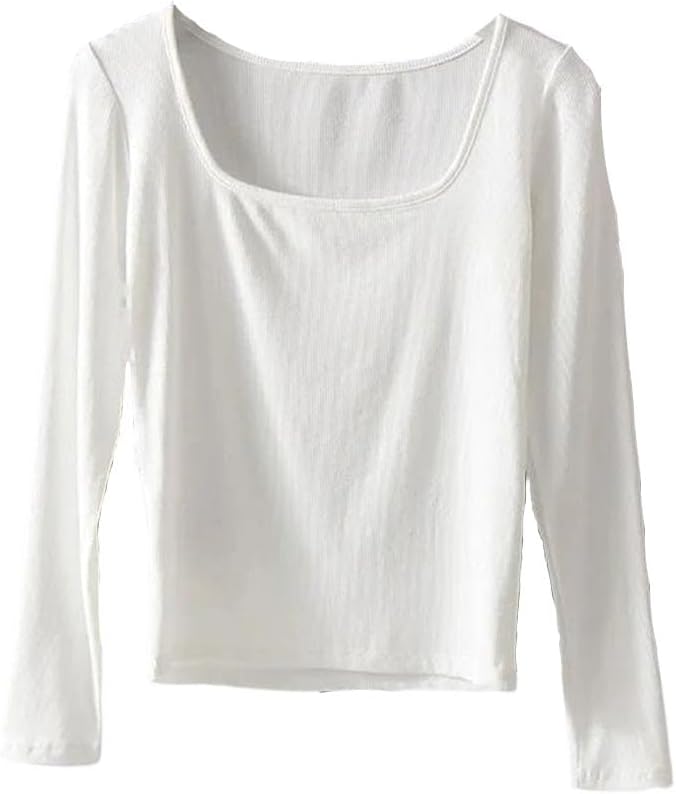 Basic Long Sleeve T-Shirt Women Elastic Solid Slim Fit Leisure Top Tees Big Neck for Pullovers Coffee