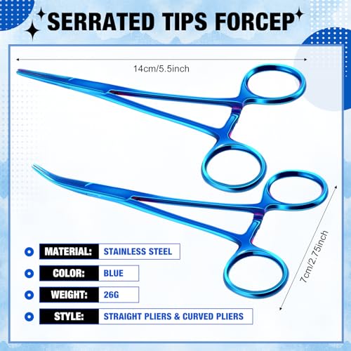 Image of BBTO Hemostat Curved and Straight Hemostat Forceps Piercing Pliers Forceps, Stainless Steel Straight and Curved Pliers, Fishing Tweezer(Blue,2 Pcs)