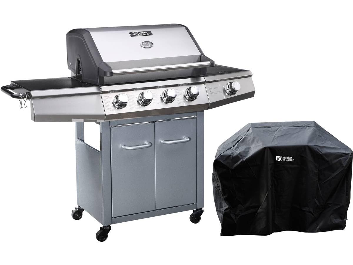 Habitat et Jardin Barbecue gaz avec LED Bingo 5, 5 Brûleurs Dont 1 Latéral, avec Housse Protection, 15.2 kW, Argenté ‎1351_93469