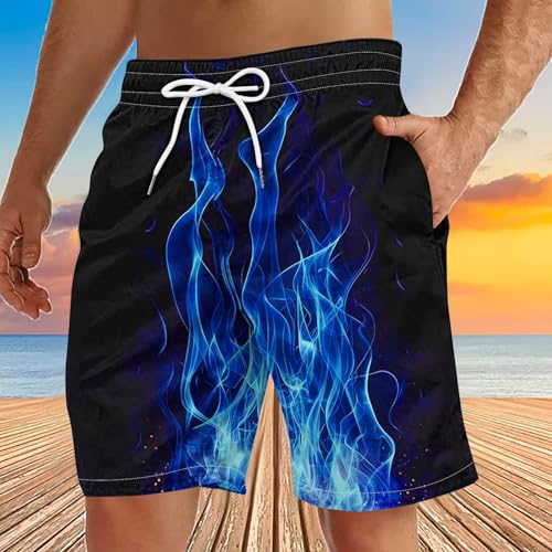 Men Swimsuit Flame Print Shorts Drawstring Quick Dry Swim Trunks Trendy Beach Bathing Suits with Pockets2