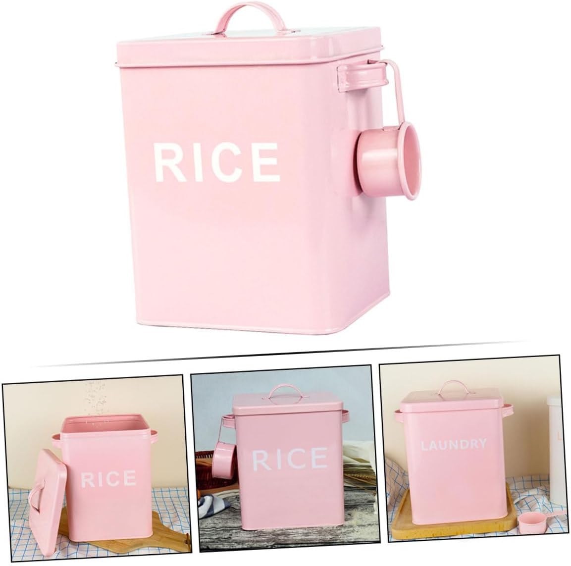 Pet Food Storage Bucket with Measuring Cup, Iron Airtight Sealed Grain Container for Dog and Cat Food, Large Capacity Pink Rice Storage Bin for Household Pantry