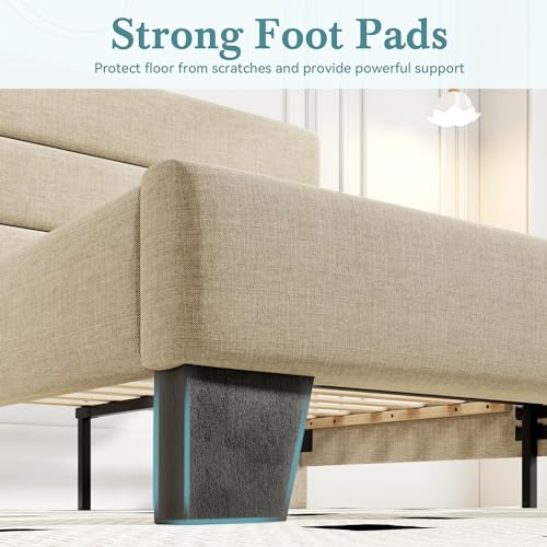 HOOMIC King Size Bed Frame with Headboard, Fabric Upholstered Platform Bed with Strong Wood Slats Support, Mattress Foundation, No Box Spring Needed, Beige