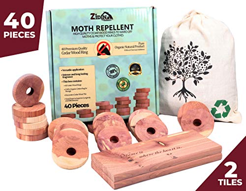 Cedar Wood Moth Wardrobe Repellent de Zidina | 40x asesino de polillas orgánico premium | La bolsa incluye azulejos decorativos de madera de cedro | repelente de insectos libre de químicos