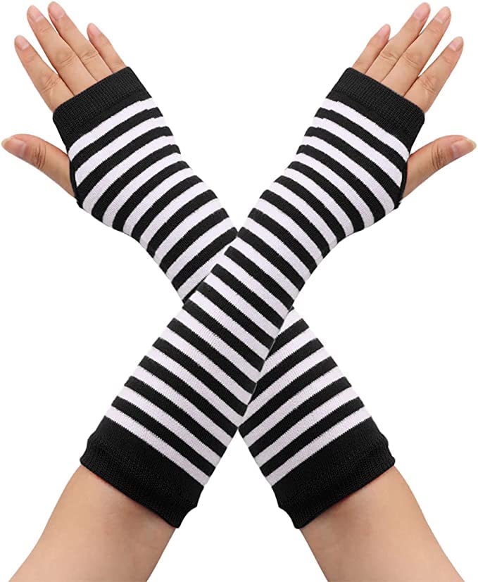 Andiker Guantes de manga larga sin dedos para señoras, Guantes de punto a rayas y elásticos con agujero para el pulgar