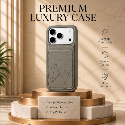 Image of amazon basics Premium Vegan Leather Back Cover with Card Holder and Integrated Mobile Stand for iPhone 17 Pro Max - Slim Shockproof Wallet Case with Geometric Stitching [Gray]