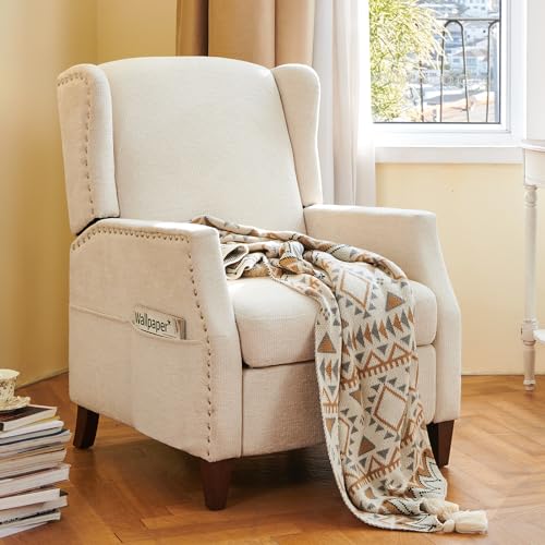 COLAMY Wingback Pushback Recliner Chair with Storage Pocket, Upholstered Fabric Living Room Chair Armchair, Single Reclining Sofa with Wood Legs and Nailhead Trim for Home/Bedroom, Beige by COLAMY - Image 9