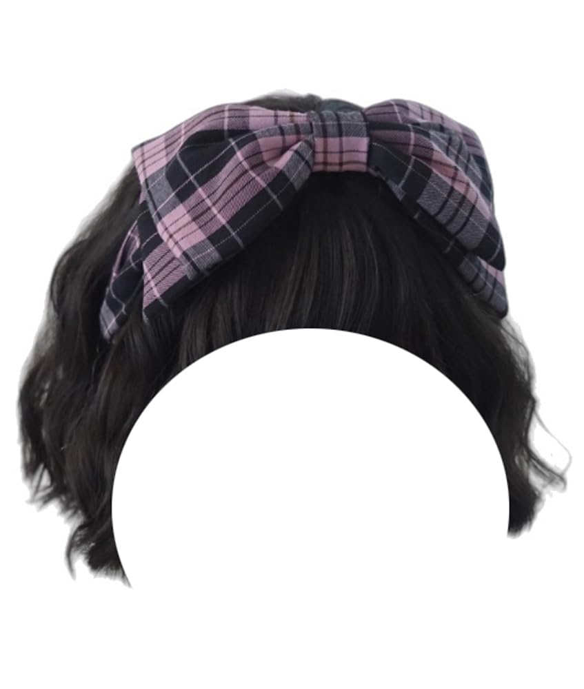 Plaid Bowknot Headband Double-Layer Bowknot Hairband Women Hair Accessories (Black Pink)