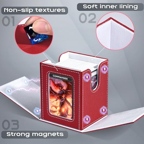 Image of ZLCA MTG Deck Box with Commander Window Display, Trading Card Storage Box Holds 100 Double-Sleeved Cards Suitable for TCG /CCG /PTCG /EDH /Magic /Sport Cards (Red&White)