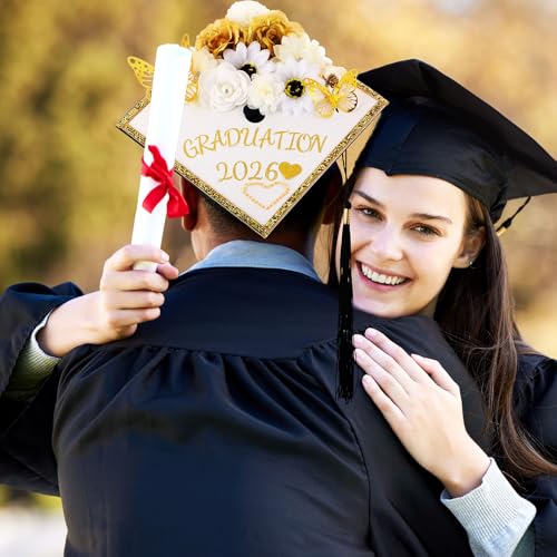 Wavwavw 43 PCS DIY Graduation Cap Decorations Kit, Grad Cap Decorations Included Faux Flowers 3D Butterfly Self Adhesive Rhinestones Stickers Alphabet Letter Stickers for 2026 Grad Party(White) by Wavwavw - Image 6