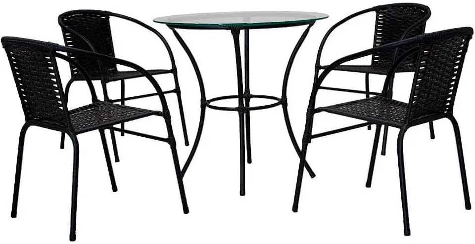 Mesa Happy Hour Redonda com 4 Cadeiras Revestidas, Preto, Tampo de Vidro, Estrutura em Aço Carbono, 80cm Diâmetro