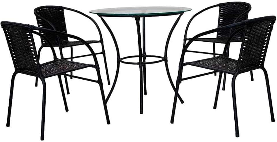 Mesa Happy Hour Redonda com 4 Cadeiras Revestidas, Preto, Tampo de Vidro, Estrutura em Aço Carbono, 80cm Diâmetro