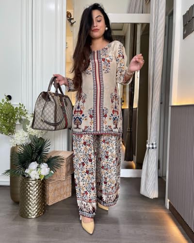 Image of GoSriKi Viscose Printed Straight Kurta with Palazzo for Women | Viscose Cream | Long Sleeve | Round Neck | Ethnic Wear Casual Wear