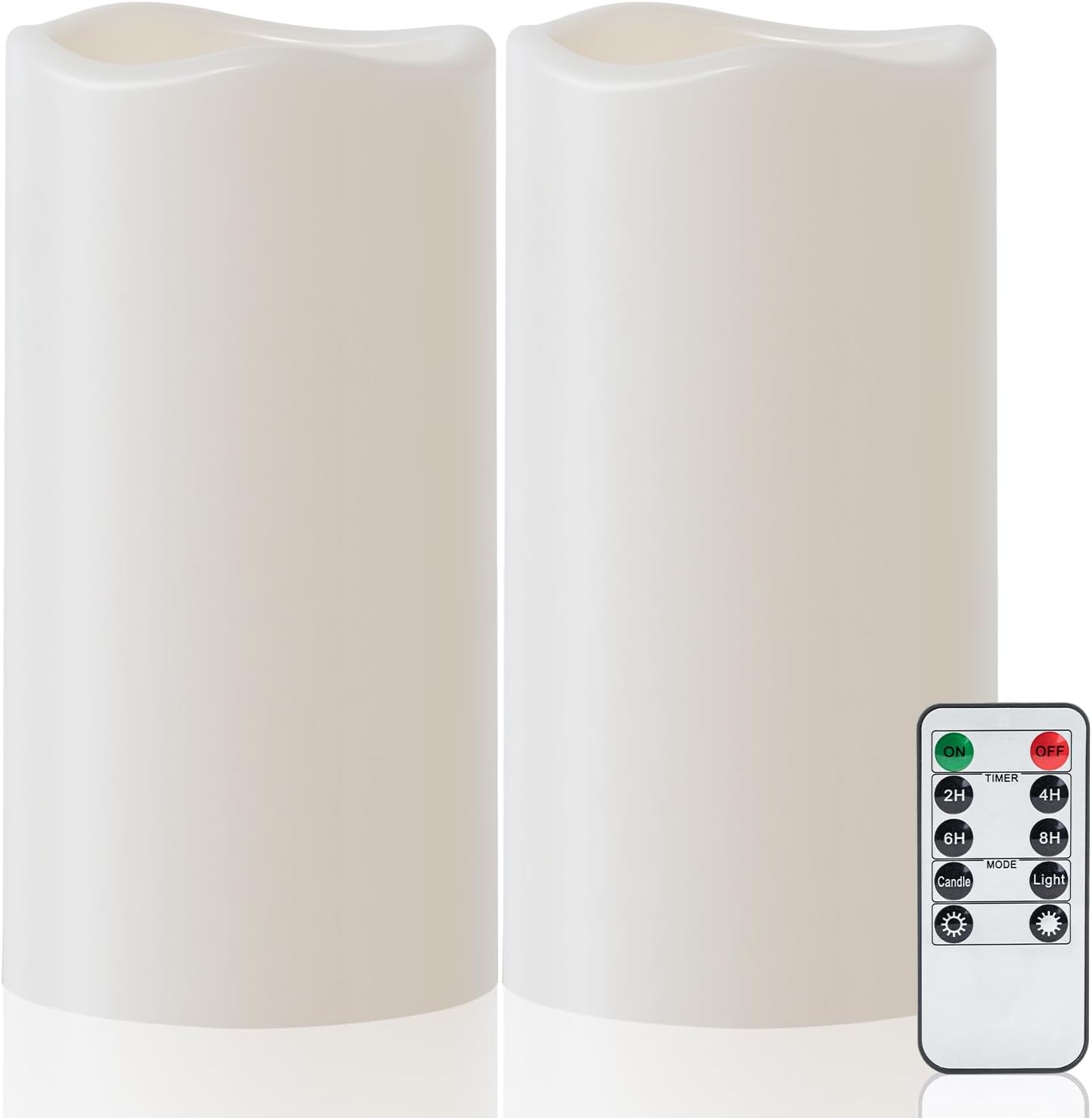 Amagic 2 Pack 8" x 4" Outdoor Plastic Electric flameless Candles with Remote Control and Timer, Battery Operated Flickering LED Pillar Fake Candle for Home, Wedding Decor, Ivory