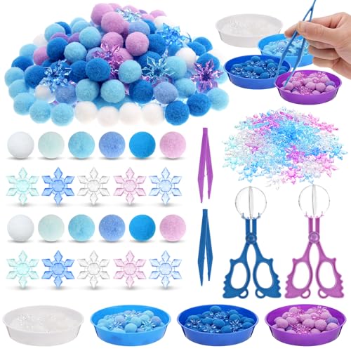 OAXNTGW 208 Pcs Winter Sensory Bin Items Winter Frozen Snowflake Counting Sorting Sensory Bin Filler Fine Motor Acrylic Frozen Snowflake Counts for Xmas Counting Decor