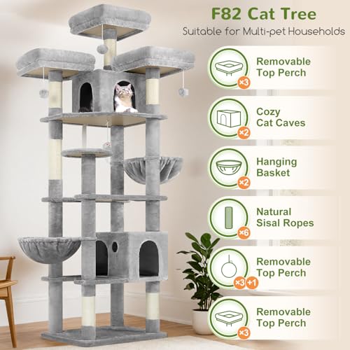 Globlazer Cat Trees and Towers for Multiple Adult Cats, 82-inch XXL Tall Cat Tree Tower for Indoor Cats with Scratching Post, 3 Perches, 2 Condos, 2 Hanging Baskets, F82, Light Grey - Image 3