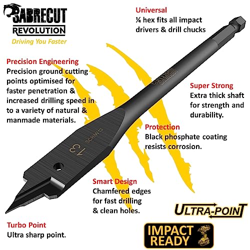 3 x SabreCut SCRIW13_3 13mm x 152mm schlagfeste flache Holzspaten-Bits kompatibel mit Bosch Dewalt Makita Milwaukee und vielen anderen