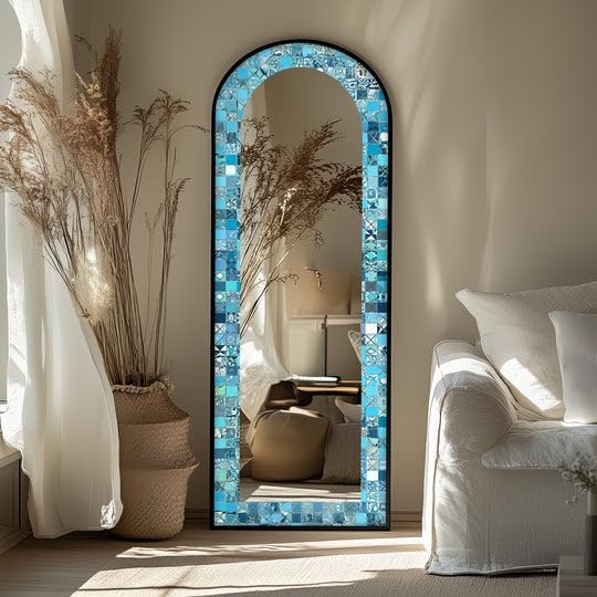 23,5’’W x 67’’H Turquoise Blue Tile-Inspired – Mosaic Floor Mirror Arched Full Lenght Mirror - Arch Full Body Stained Floor Mirror with Black Frame with Black Frame