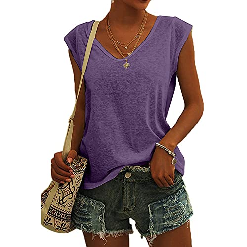 KOG Bluse Damen Elegant Ärmellose T-Shirt Shirt Casual Weiß Oberteile mit Flügelärmeln Frauen Schwarz Kleidung Frau Grau Sommer Shirts Top Damen V-Ausschnitte Tshirt Klamotten Lila L