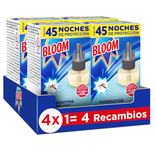 Bloom Líquido Recambio (pack de 4), insecticida eléctrico para mosquitos común y tigre, antimosquitos con fórmula concentrada sin perfume
