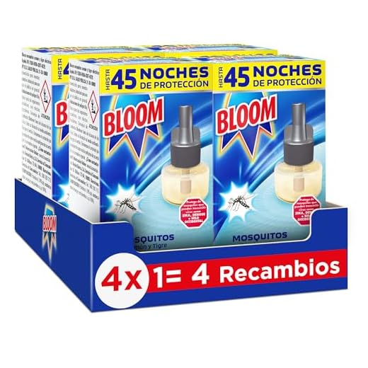 Bloom Líquido Recambio (pack de 4), insecticida eléctrico para mosquitos común y tigre, antimosquitos con fórmula concentrada sin perfume