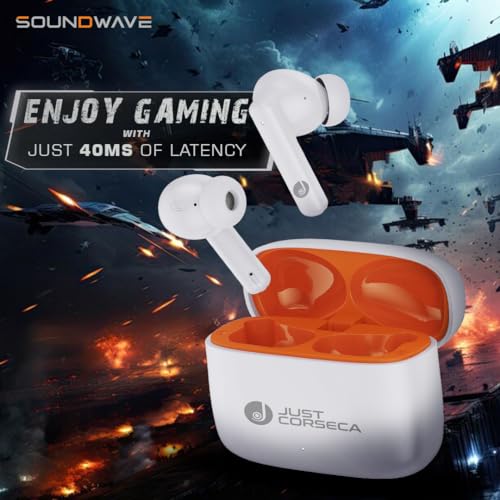 Image of JUST CORSECA Soundwave Earbuds with Type C Charging | ANC & ENC Model | Low Latency Bluetooth 5.3 | IPX4 Water Resistance | Smooth Touch Controls (White)