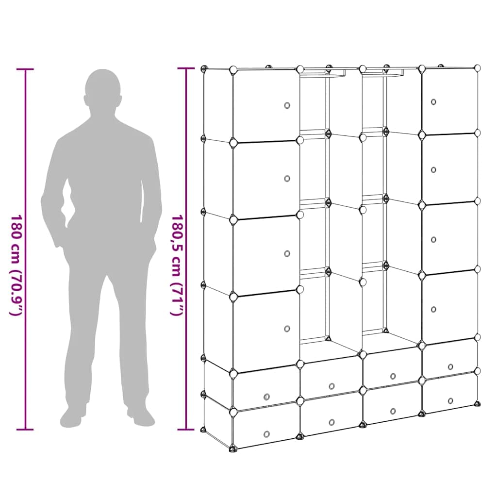 Modularer Kleiderschrank Schrank Garderobe Faltschrank aus Kunststoff Weiß 37x146x180,5 cm mit 18 Fächern, platzsparend für Schlafzimmer Kinderzimmer Flur Stauraum Ordnung